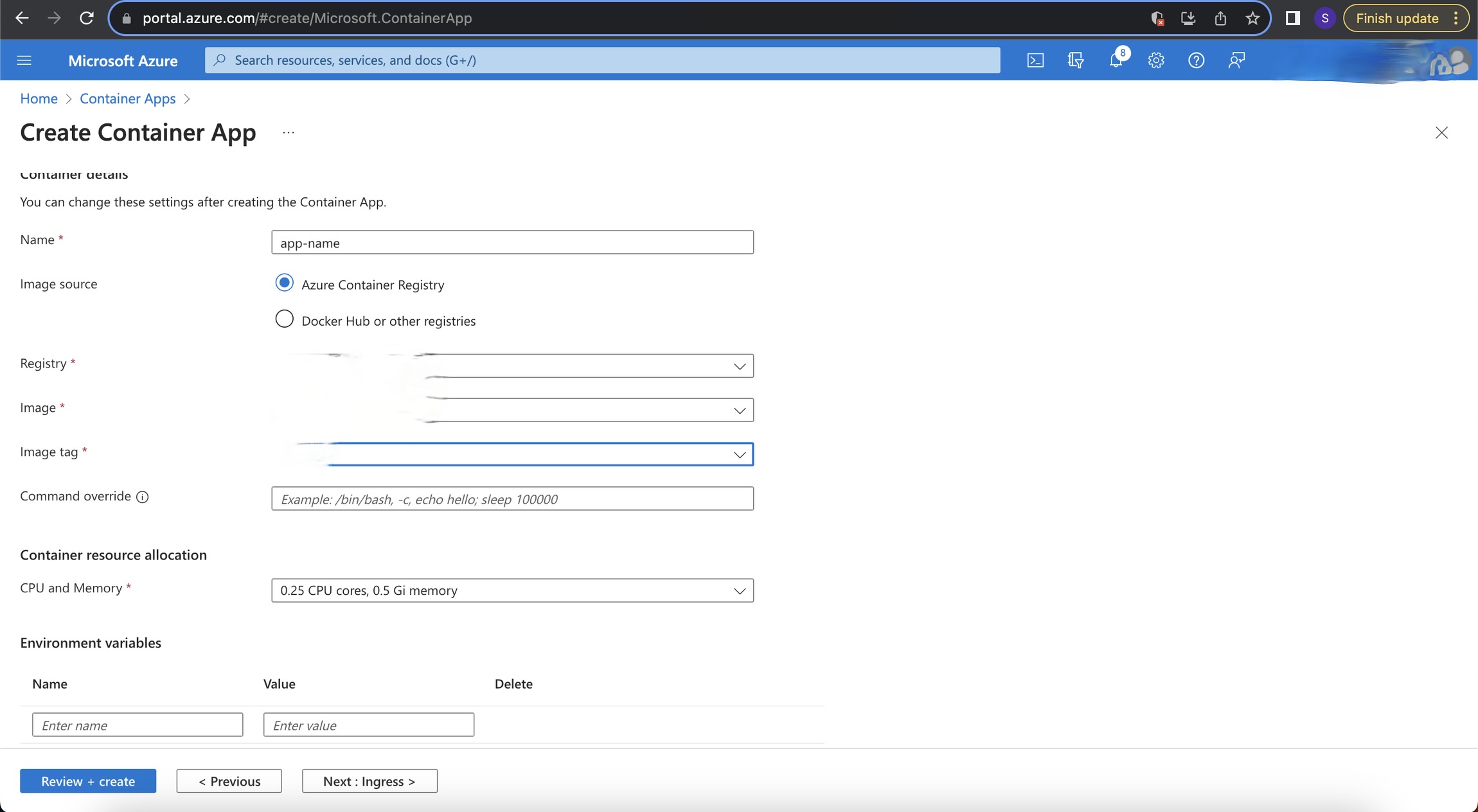 Container app configuration