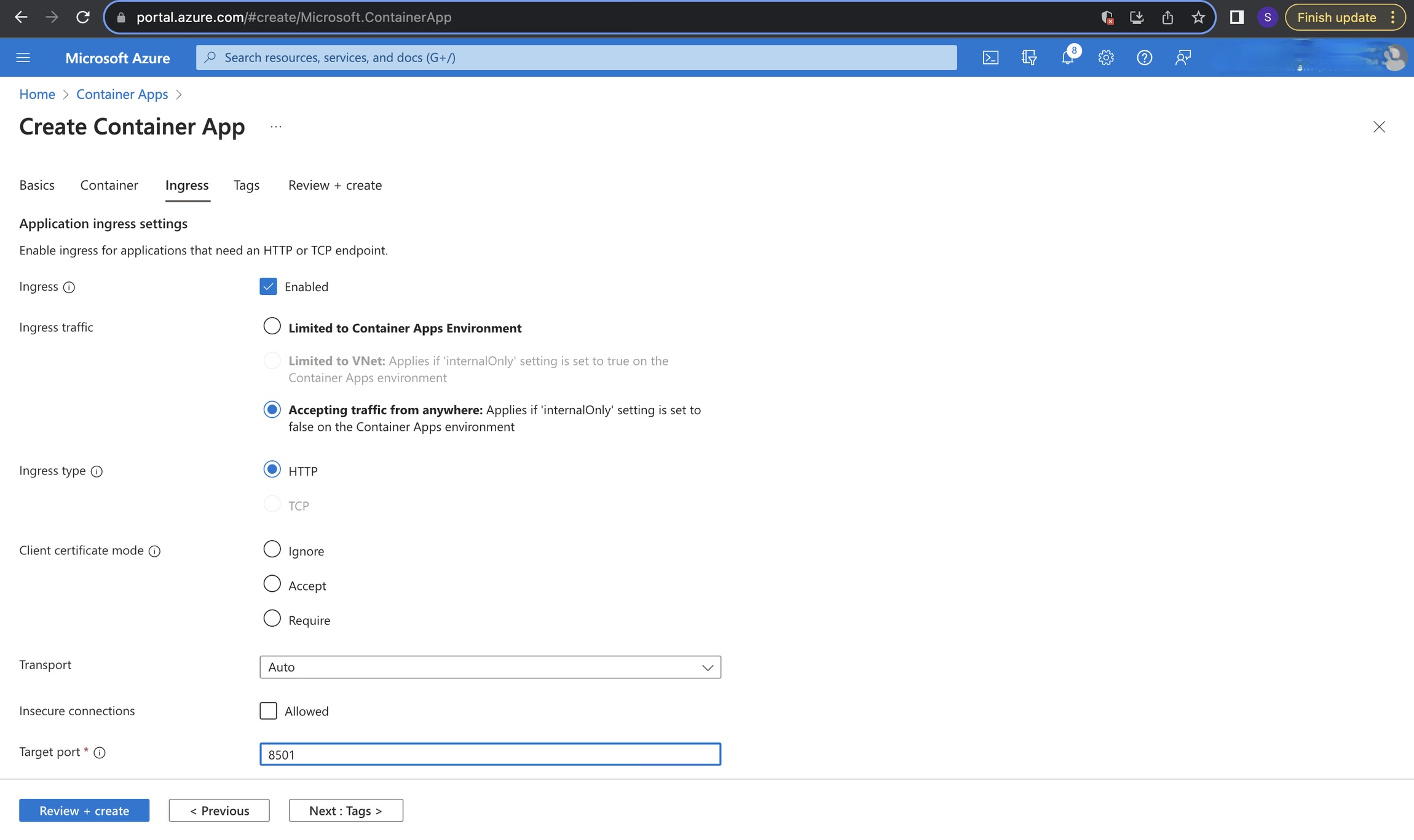 Container app ingress setting