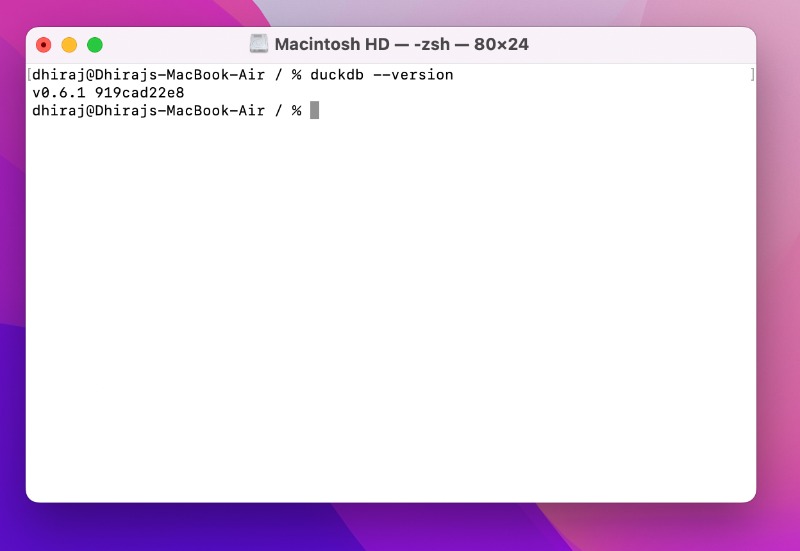 Terminal showing the output of duckdb --version