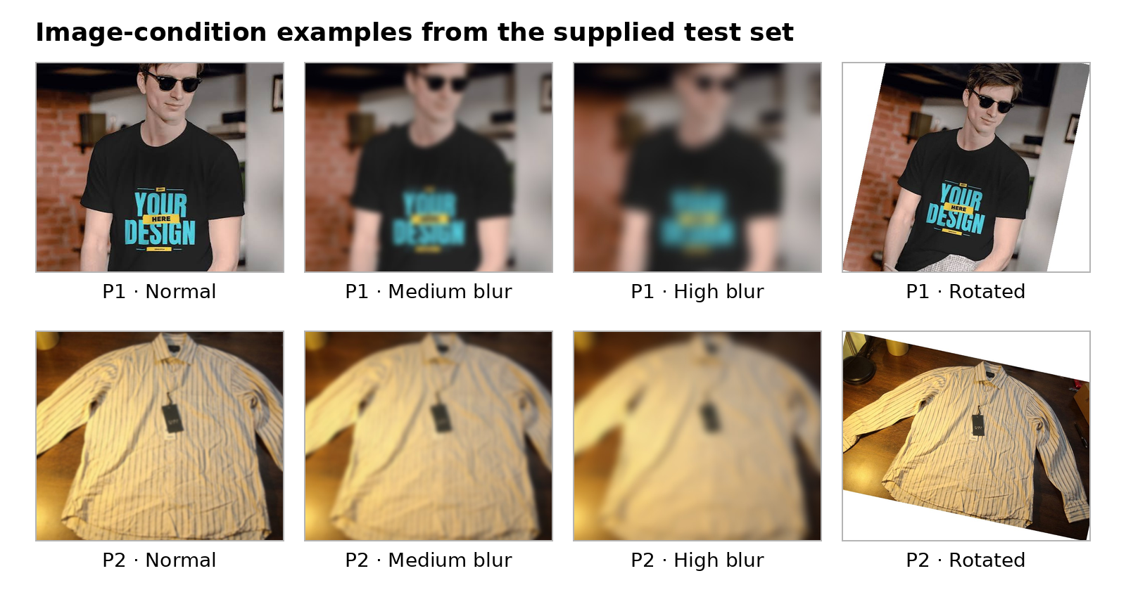 Examples of clear blurred and rotated product photos