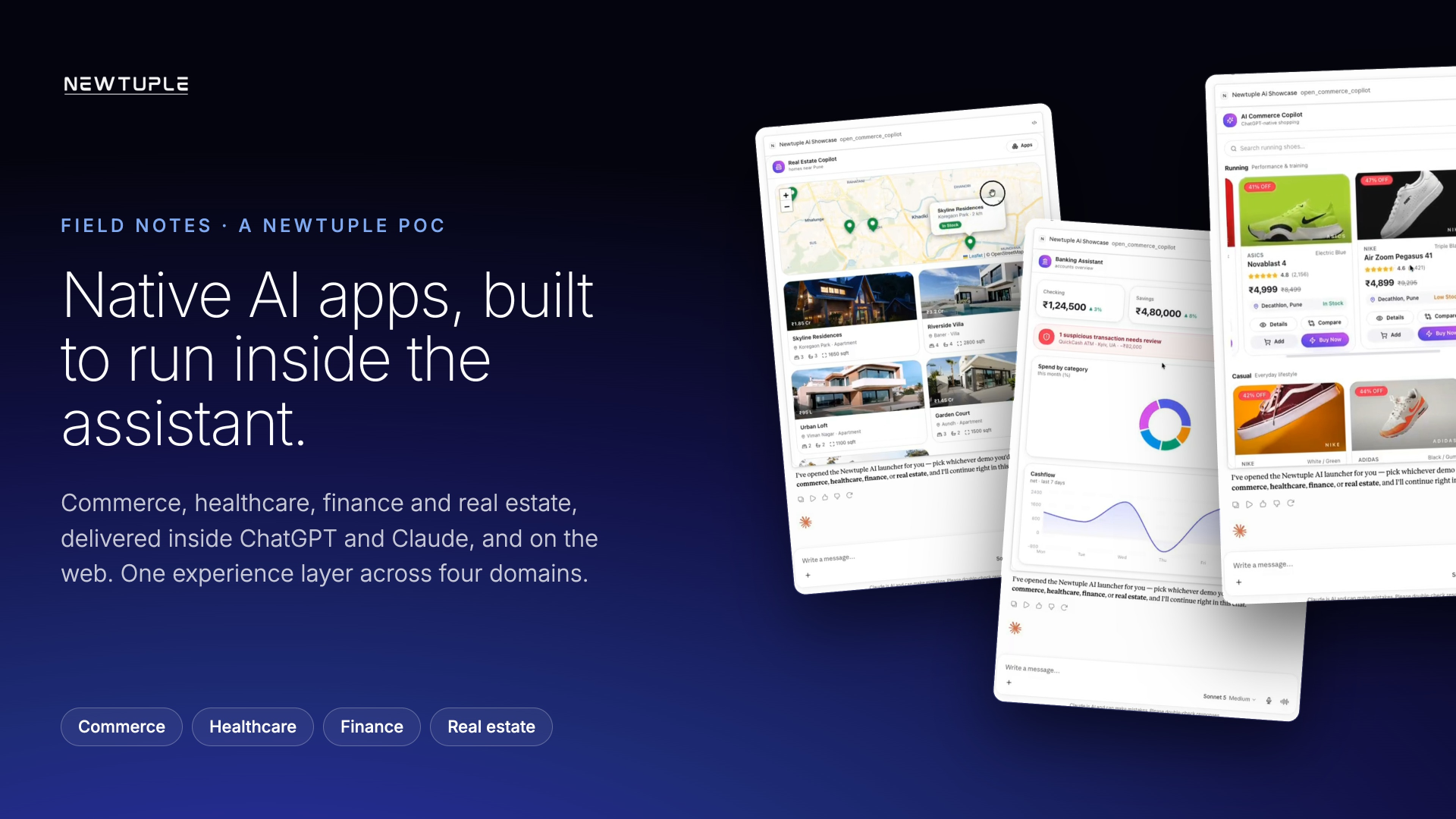 Newtuple Native AI Apps POC showing commerce, healthcare, finance and real estate app experiences across assistant surfaces