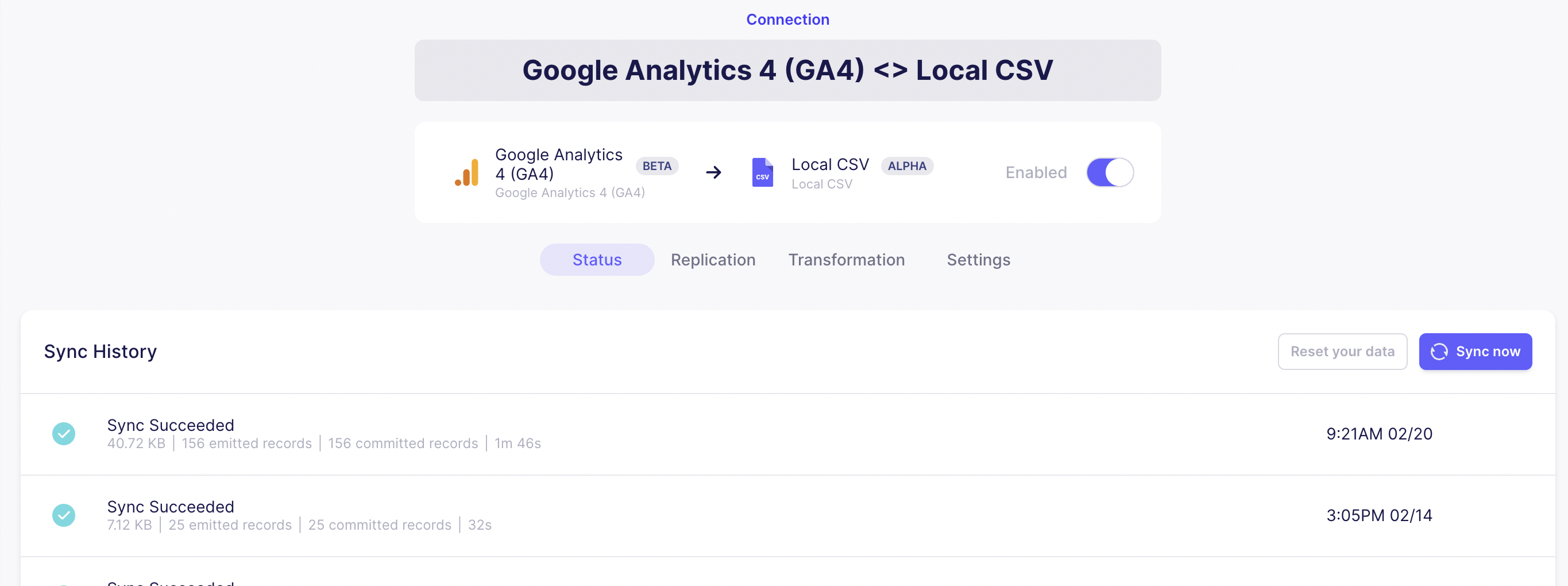 Airbyte connection page showing successful syncs