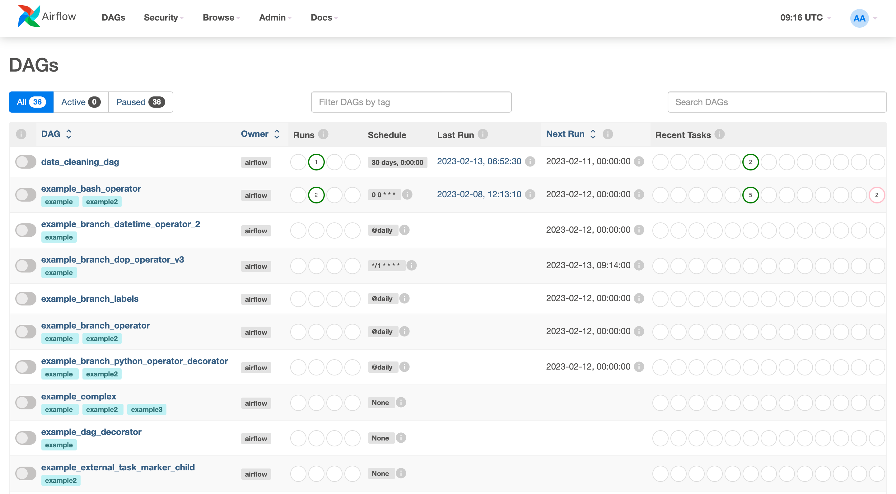 Airflow UI showing a list of DAGs