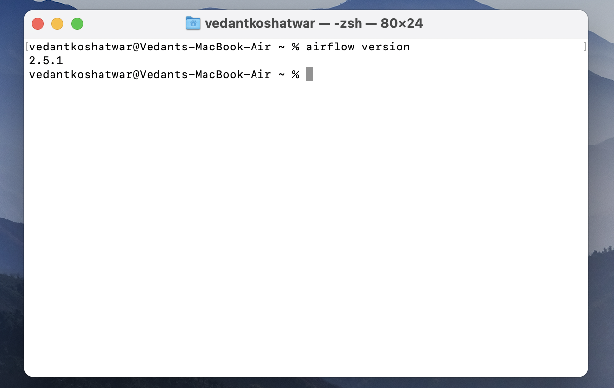 Terminal showing the output of airflow version