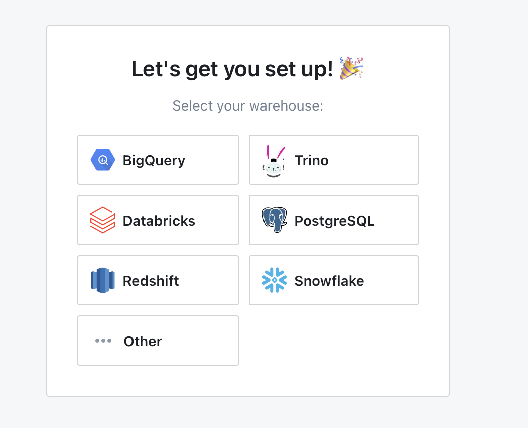 Lightdash setup screen asking you to select your warehouse