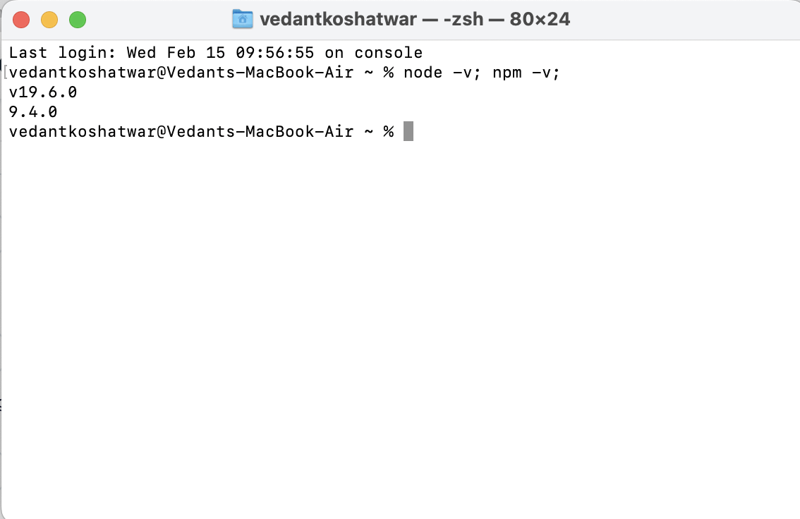 Terminal showing Node.js and npm versions