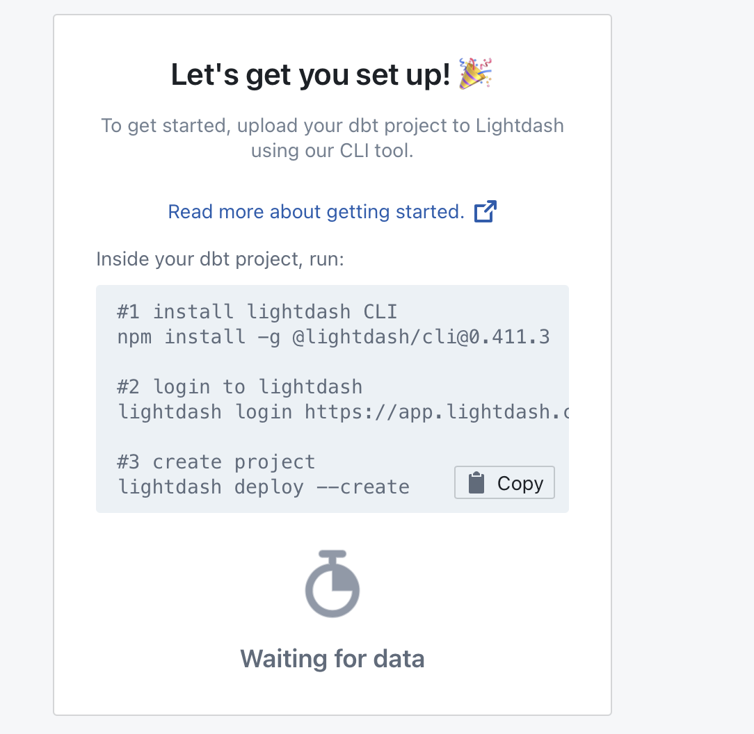 Lightdash setup screen showing the CLI commands to run