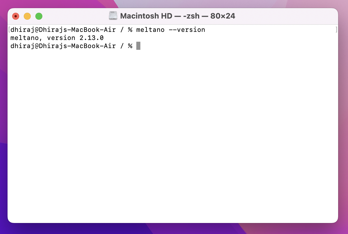 Terminal showing the output of meltano --version