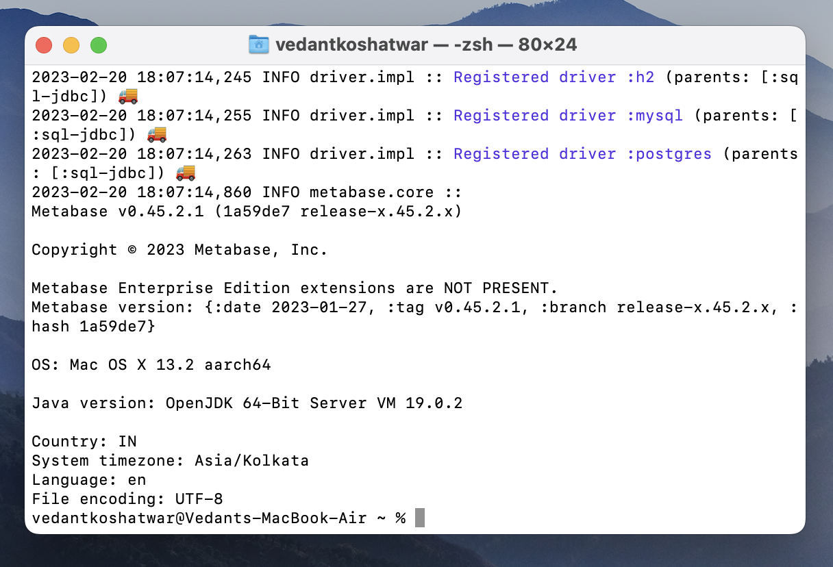 Terminal showing Metabase start-up logs